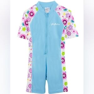 SunBusters Girls 1 Piece S/S Sunsuit Rash Swim UPF 50+ Blue Pink Floral NWT